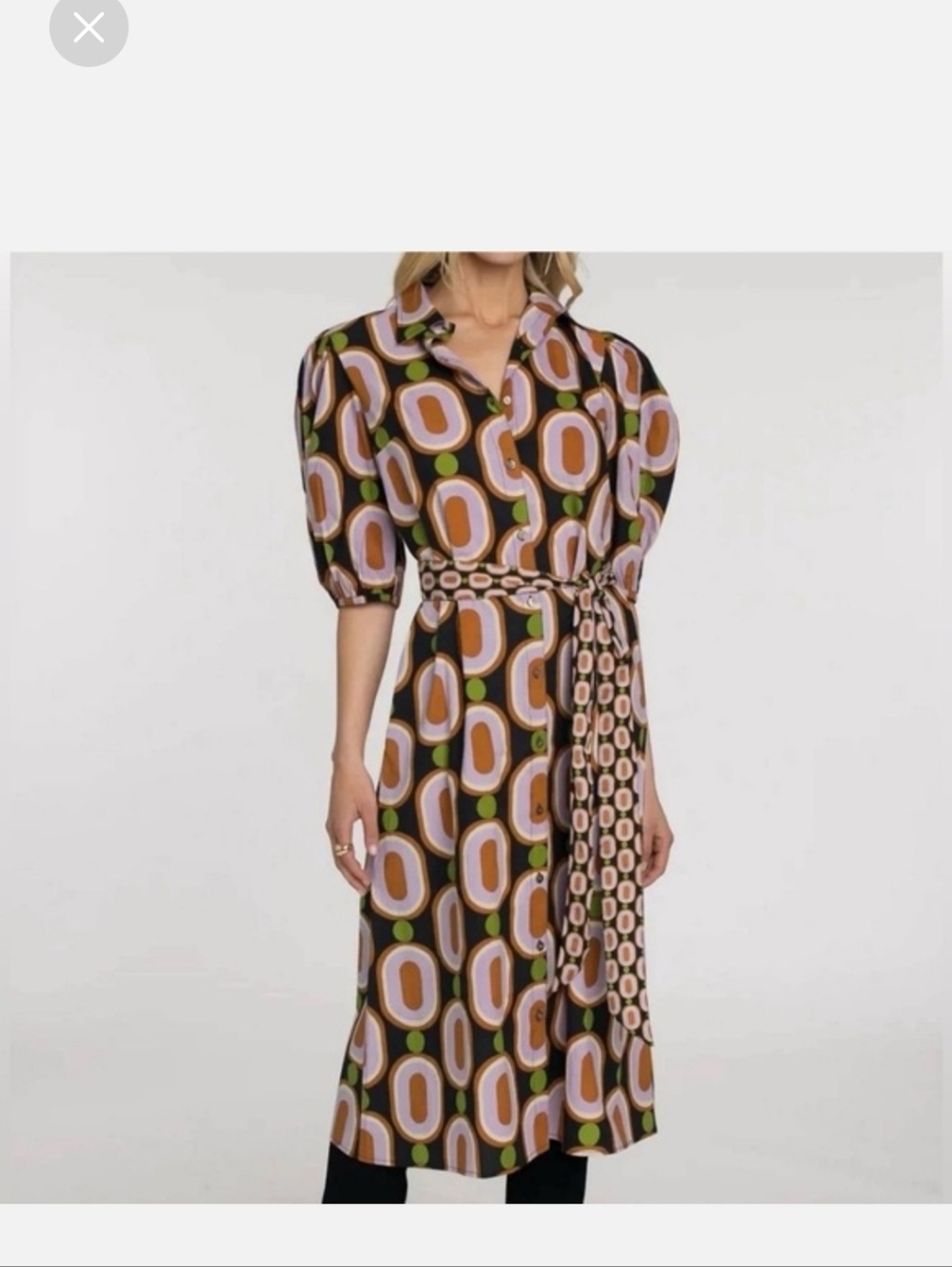 Midi Shirt Dress in Brown Geometric Print -